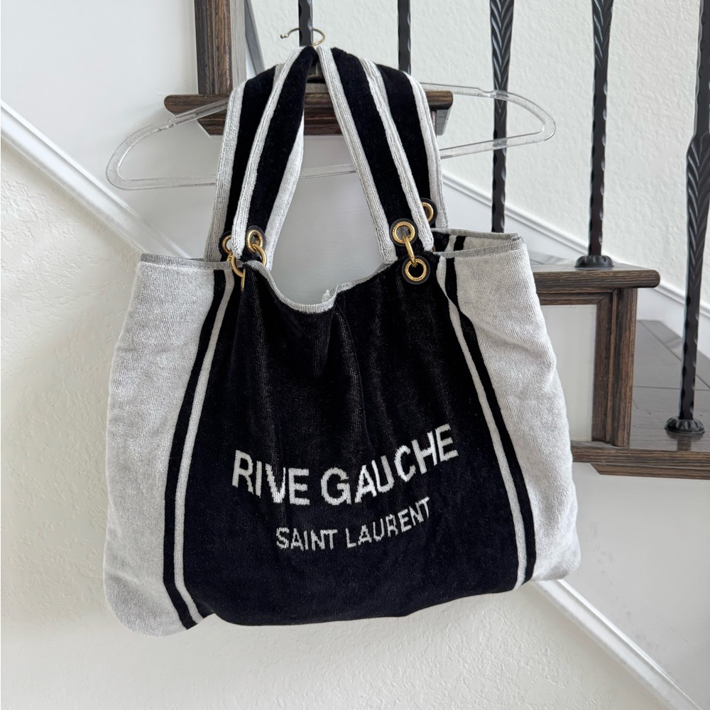 Saint Laurent Black and White Rive Gauche Canvas Tote - Picture 6 of 12